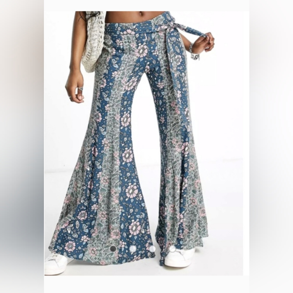 Free People Blue Floral Wide-Leg Tie-Waist Pants